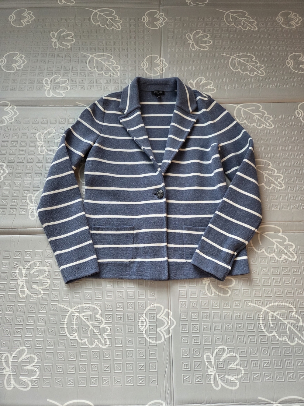 Talbots Womens Knitted Collared Cardigan Jacket Slate Blue White Striped Petite